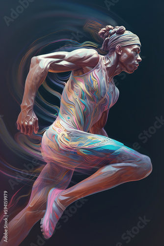 Black male athlete, runner. Stunning illustration with pastel colored fractal, following elements. Creative generative art