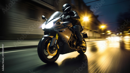 Biker rides at the city streets in the night. Blurred motion  fast speed. Photorealistic illustration generated by Ai