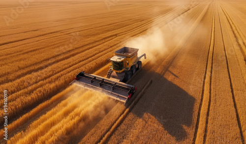Combine harvester working on a wheat field, drone view, Generative AI
