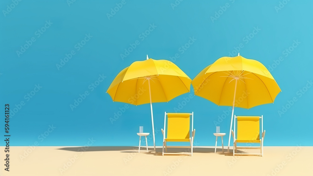 web banner size copy space Beach yellow umbrella with yellow chairs on blue background. 3D rendering. travel concept - Generative AI