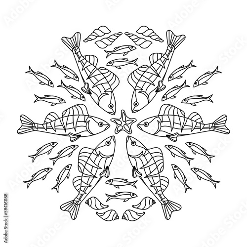 Mandala for coloring book page. Undersea Antistress art for adults.