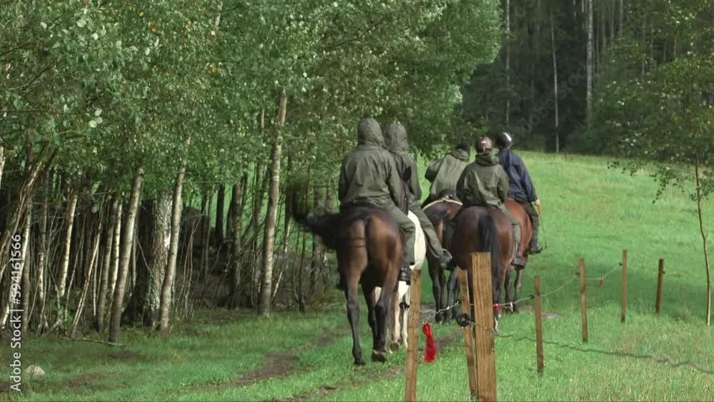 Static shot of horsemen riding in a meadow surrounded by a forest Static shot of horsemen riding in a meadow surrounded by a forest