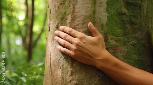 Nature lover hand touching tree. Generative AI © AdriFerrer