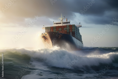 Cargo ship in the open sea, stormy weather and braking waves. Ai generated illustration. © Cheport