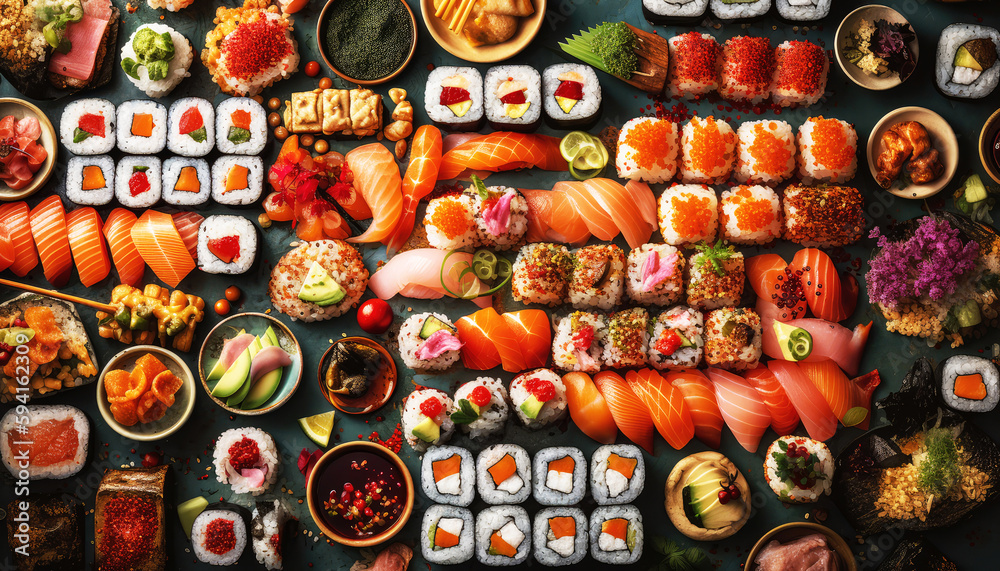 Top view of various Japanese Sushi on the dark black background. Food and cuisine concept. Nutrition and vitamin theme. Generative AI Top view of various Japanese Sushi on the dark black background. Food and cuisine concept. Nutrition and vitamin theme. Generative AI