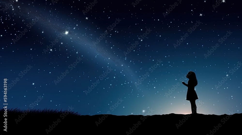 Naklejka premium Girl looking at a starry sky. Generative AI