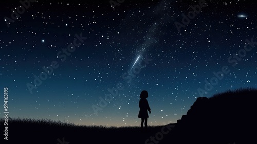 Silhouette of girl looking at a starry sky. Generative AI