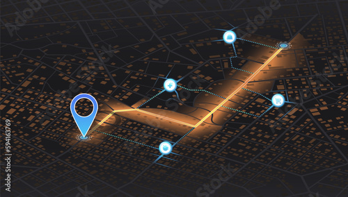 Isometric Location tracks dashboard. City street road. City streets and blocks, route distance data, path turns and destination tag or mark. Huge city top view.