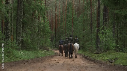 horseback riders moves away from camera in thick forest