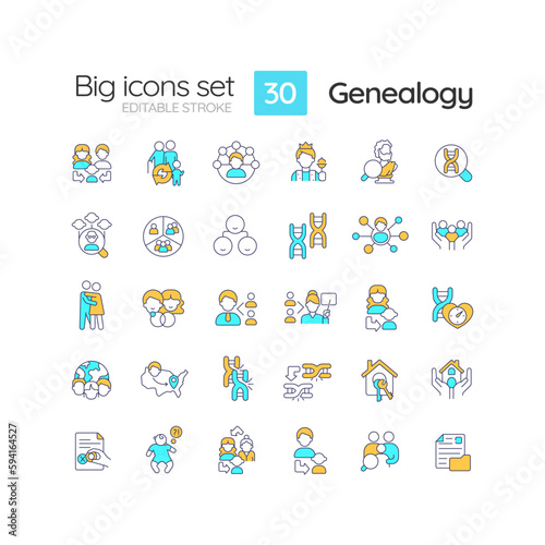 Genealogy RGB color icons set. Family roots. Hereditary disorders. Ancestors and descendants. Lineage. Isolated vector illustrations. Simple filled line drawings collection. Editable stroke