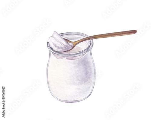Watercolor yogurt in glass jar and spoon