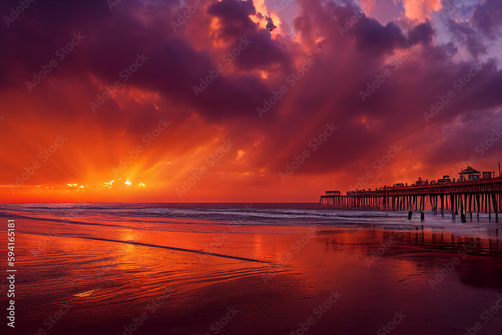 Obraz premium Golden hour sunset at a California beach, crepuscular rays, generative AI