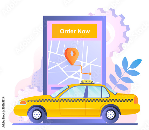 Taxi with map concept. Yellow car on background of smartphone. Ordering vehicle for travel and trips. Mobile application or program for ordering taxi online. Cartoon flat vector illustration
