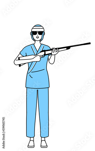 サングラスをかけてライフル銃を持つ頭に包帯を巻いた女性入院患者