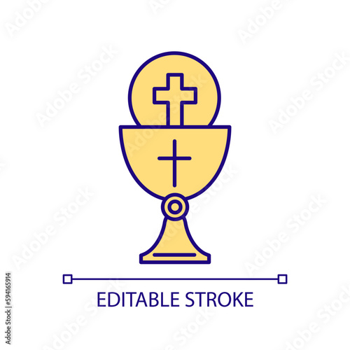 Chalice RGB color icon. Ritual cup for wine. Church mass accessory. Blood of Jesus Christ. Christian traditions. Isolated vector illustration. Simple filled line drawing. Editable stroke