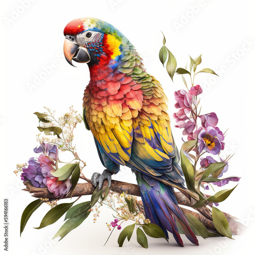 Flights of Fancy, A Stunning Parrot on a Flowers Branch, Isolated on White Background - Generative AI