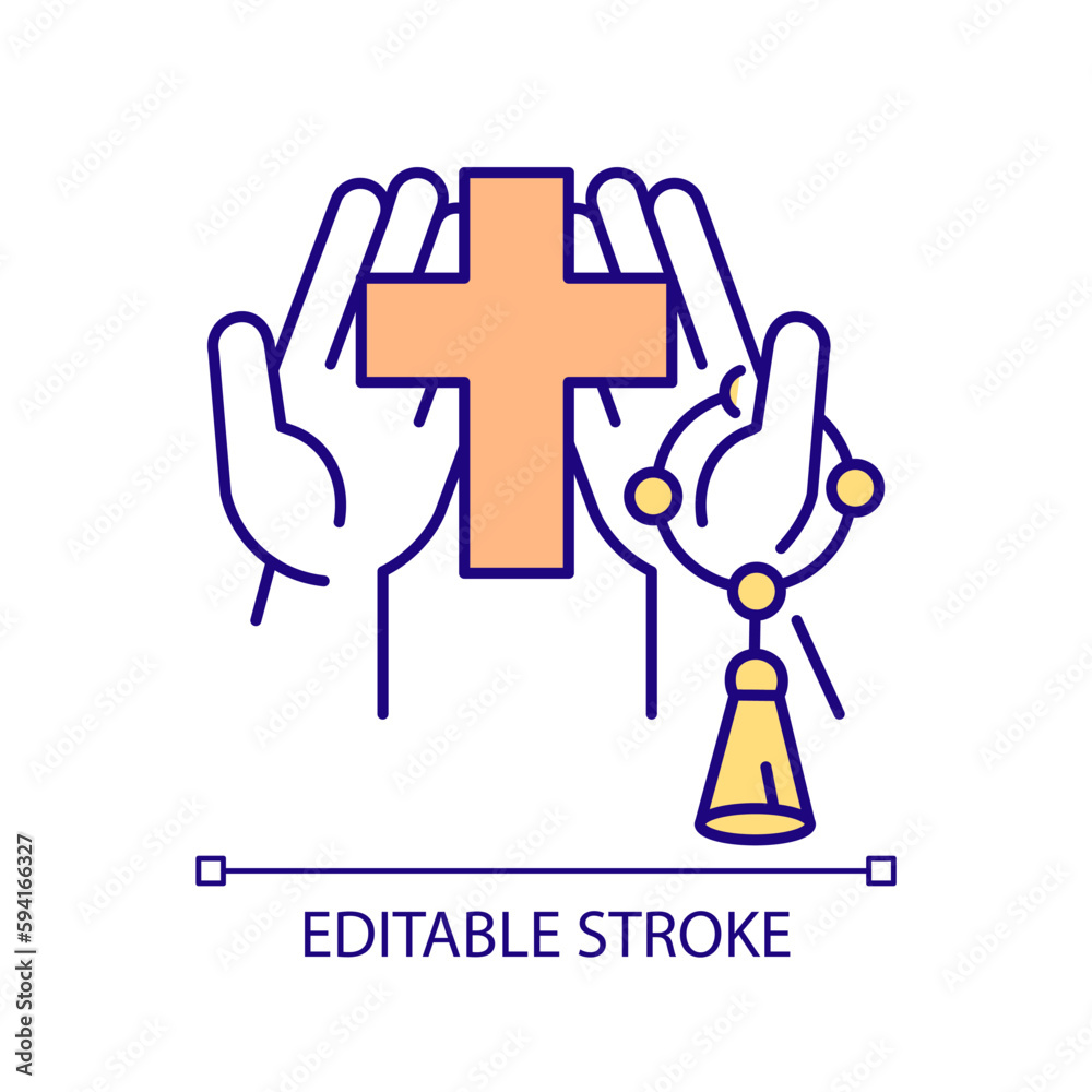 Hands with cross and beads RGB color icon. Accessories of Christian prayer. Religious practices items. Church service. Isolated vector illustration. Simple filled line drawing. Editable stroke Hands with cross and beads RGB color icon. Accessories of Christian prayer. Religious practices items. Church service. Isolated vector illustration. Simple filled line drawing. Editable stroke