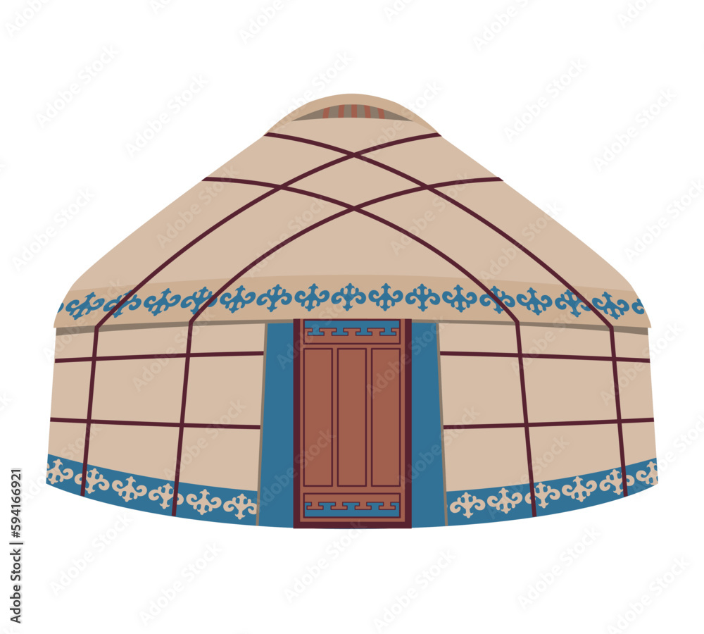 Yurt with national ornament. Vector illustration isolated on white background. National dwelling of the nomadic peoples of Asia. Traditional house for the inhabitants of Mongolia Kazakhstan Kyrgyzstan