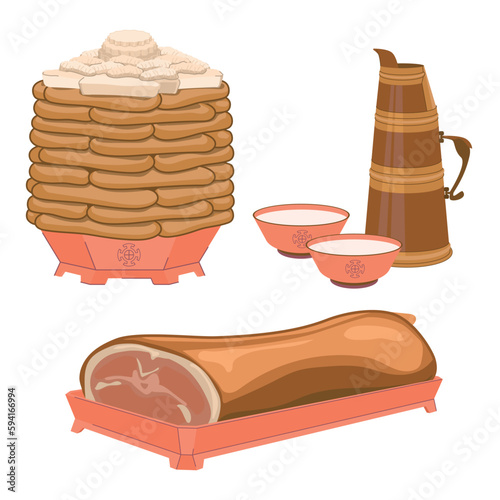 Traditional dishes for the celebration of the Mongolian New Year - Tsagaan Sar. Cake from tortillas and cottage cheese drying. Roasted sheep's groats and tea with milk. Festive meal. Vector.