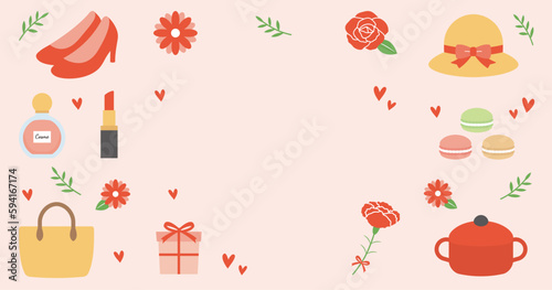 母の日の背景フレーム、サムネイル、タイトルロゴ素材。カーネーションや薔薇の花の飾り、かわいいベクターイラスト。 - Mother's Day background frame, thumbnail and title logo. Carnations and roses decorations, cute vector illustration.