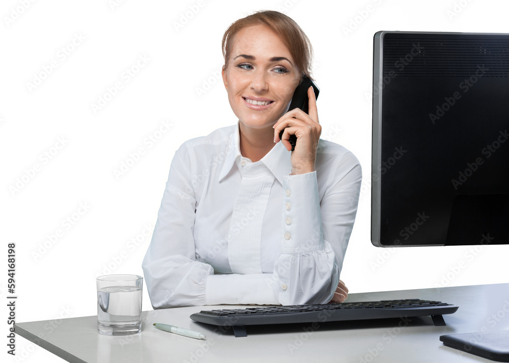 Young cute woman with phone isolated on white background Young cute woman with phone isolated on white background