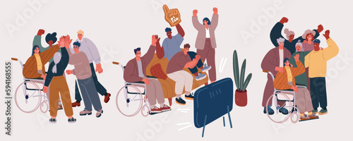 Vector illustration of Business multinational team. A group of people, colleagues of different ages and races together. Person Friends disability in a wheelchair.