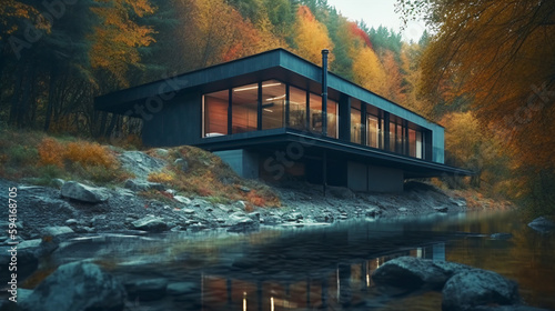 3D visualization of a modern house with a flat roof and panoramic windows. Surrounded by forest and river