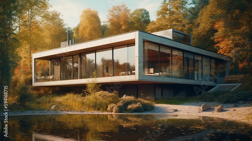 3D visualization of a modern house with a flat roof and panoramic windows. Surrounded by forest and river