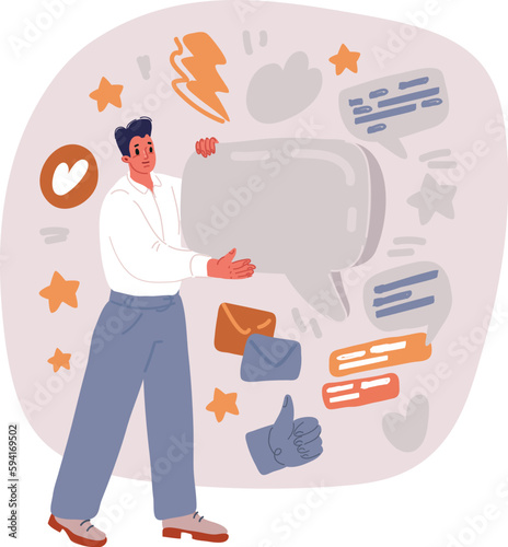 Vector illustration of Diverse people hands holding speech bubbles for online communication or message. Men and women with talk balloons communicating.