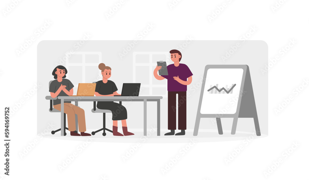 Group of cartoon character of colleagues brainstorming new ideas in office Group of cartoon character of colleagues brainstorming new ideas in office