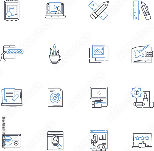 Video production line icons collection. Cinematography, Scriptwriting, Editing, Lighting, Sound, Graphics, Motion graphics vector and linear illustration. Color grading,Animation,Filming outline signs