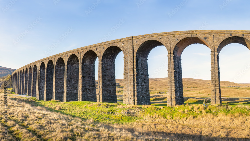 Yorkshire Dales National Park, England; April 10, 2023 - A view of the Ribblehead Viaduct in the Yorkshire Dales National Park, England.