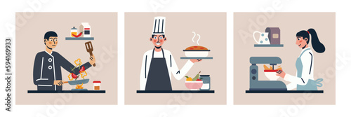 Set of colored cartoon characters of young people working as professional chefs