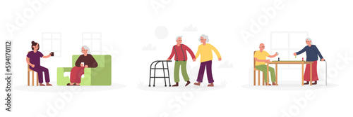 Set of cartoon characters of old people in nursing home