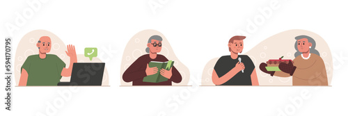 Set of cartoon characters of modern old people doing different activities