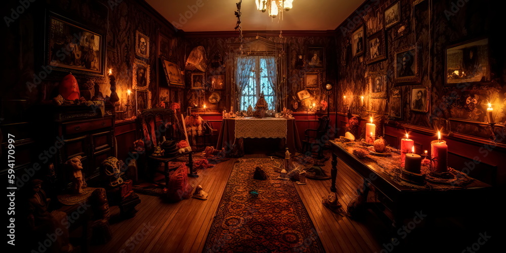 sinister mansion with creepy dolls and portraits lining the walls, with flickering candles and creaking floorboards adding to the spooky ambiance. Generative AI