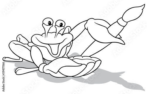 Drawing of a Smiling Crab Holding a Paintbrush and a Seashell with Paint