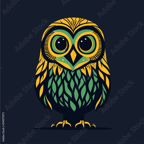 A stunning green and yellow owl is featured in this detailed vector illustration, complete with a branch and leaves. Ideal for design, decoration, and print purposes.