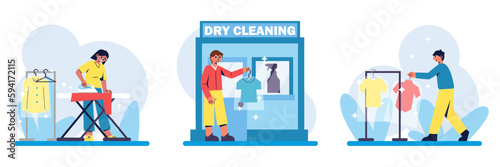 Set of cartoon characters of young people engaged in dry cleaning