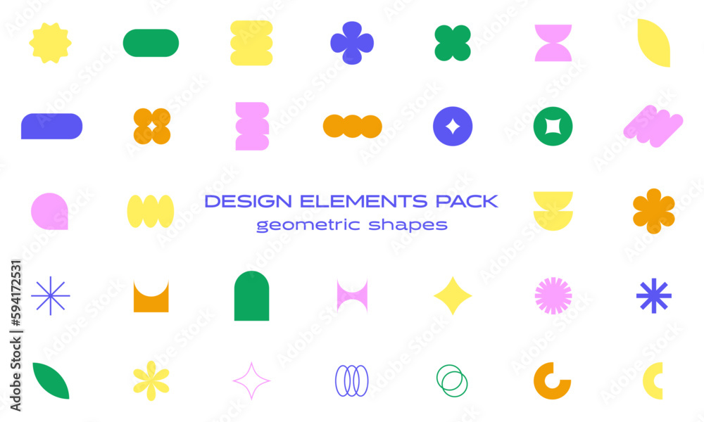 Fototapeta premium Design elements pack. Geometric colourful shapes. Abstract set. Figures, stars, flowers and circles. 