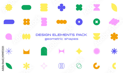 Design elements pack. Geometric colourful shapes. Abstract set. Figures, stars, flowers and circles. 