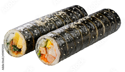 Korean Sushi Rolls or Kimbap is a popular Korean dish on white background, California Maki,  Steamed rice wrapped in seaweed with shrimp eggs meat and vegetable on White PNG File. photo