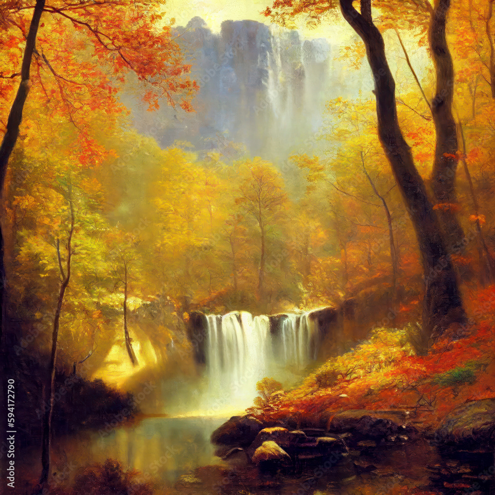 Painterly waterfall in the mountains with colorful fall foliage, generative AI