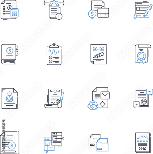 Notices line icons collection. Alerts, Announcements, Bulletins, Cautions, Declarations, Directives, Edicts vector and linear illustration. Emanations,Information,Instructions outline signs set