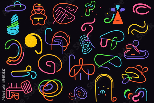 A black background with colorful drawings of different shapes and colors.  Generative AI