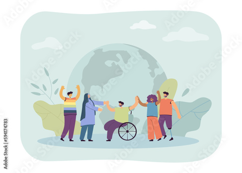 Happy gay, Muslim and Black people with disability. Diverse, inclusive, society, people of different nationalities and religions vector illustration. Diversity, community, inclusion concept