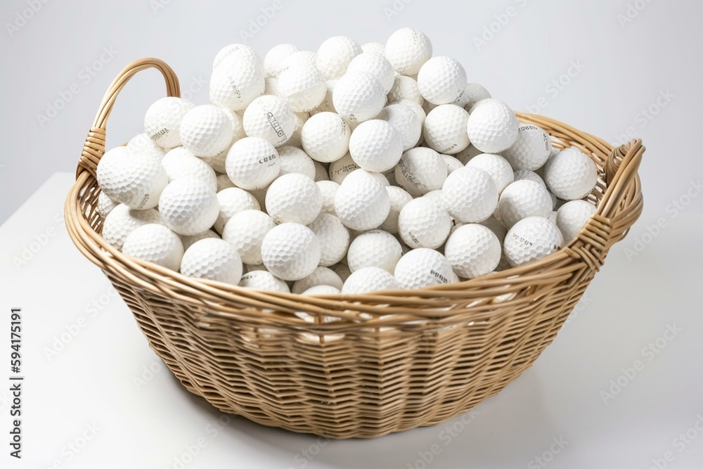 Basket full of golf balls ready to be used on the driving range. White