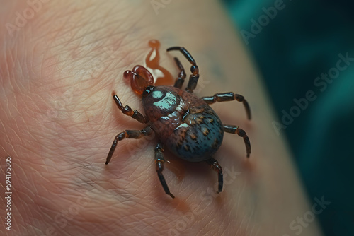 Infected female deer tick on hairy human skin. Ixodes ricinus. Parasitic mite. Acarus. Dangerous biting insect on background of epidermis detail. Generative AI photo