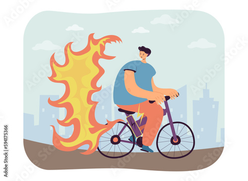 Confused man riding electric bicycle with burning battery. Risk of accident while riding electrical bike, personal vehicle setting on fire vector illustration. Technology, danger, mobility concept