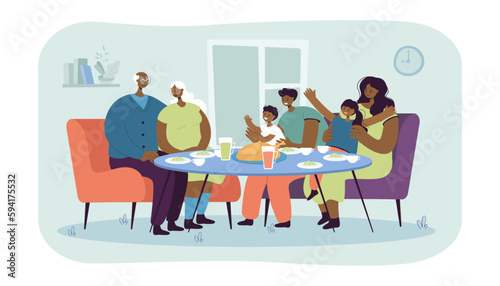 Happy Black parents, kids and grandparents having dinner at home. Family reunion, young and elderly persons sitting at table and eating together vector illustration. Family, care, love concept